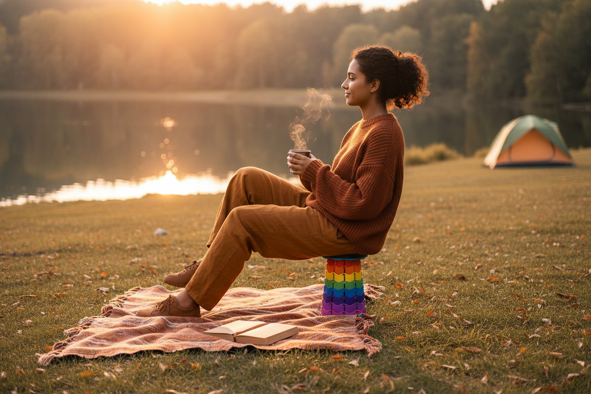 A person sits on a Portable Folding Telescopic Camping Stool in an outdoor setting, surrounded by warm-toned accessories.