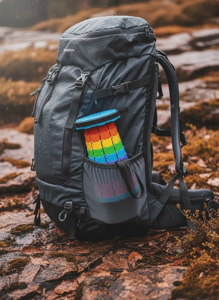 Portable folding telescopic camping stool, collapsed and stored in a backpack side pocket, on a wet, rocky outdoor terrain.